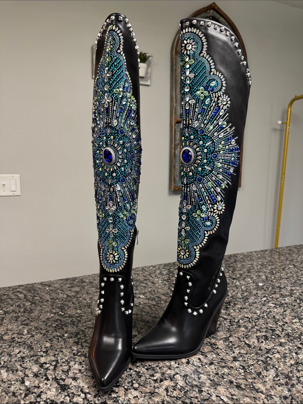 Azalea Wang Over-the-Knee Boots Blue Peacock design and Stud Details NEW 6 - Picture 1 of 17